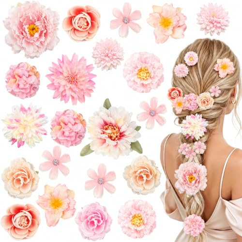 Zosutetoxo 21 Pièces Ensemble de Pinces à Cheveux Fleurs Roses, Accessoires Cheveux Boho Floraux, Bijoux de Mariée pour Mariage Hawaï Festival Fête