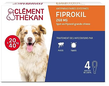 Clément Thékan - Anti-puces et anti-tiques pour grands chiens de 20 à 40 kg - 4 pipettes - Solution pour Spot-on Fiprokil 268 mg