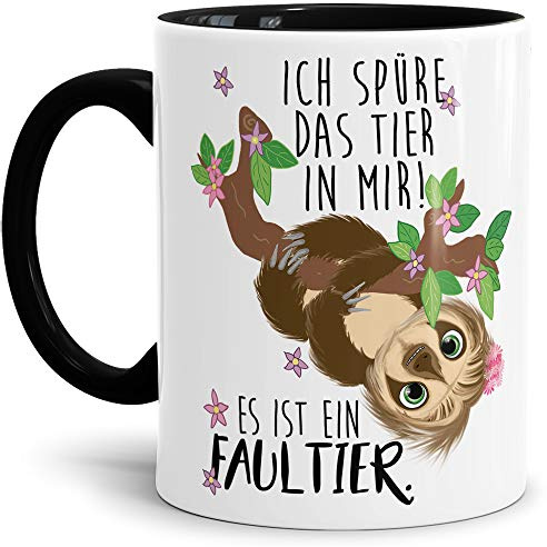 Faultier-Tasse mit Spruch Ich spüre das Tier in mir - Geschenk-Idee/Lustig/Ruhig/Witzig/Innen & Henkel Schwarz