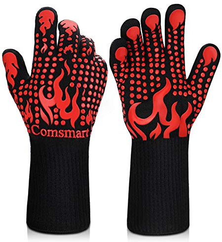 Comsmart BBQ Gloves, 1472 Degree F Heat Resistant Grilling Gloves Silicone Non-Slip Oven Gloves Long Kitchen Gloves for Barbecue, Cooking, Baking, Cutting, Red