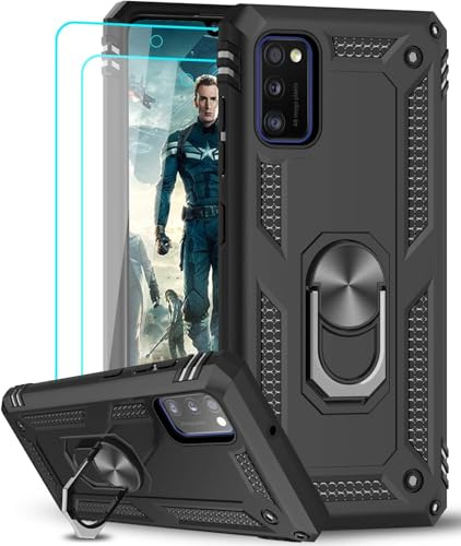 LeYi for Samsung Galaxy A41 Case and 2 Tempered Glass Screen Protector,Ring Holder Military Protective Shockproof Tough Armour Hard Mobile Phone Cover for Samsung A41 Black