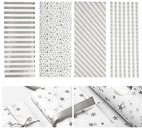 60 Blatt Geschenkpapier Metallic Seidenpapier Folie Packpapier mit Stern Streifen Punktmuster zum Basteln Weihnachten Geschenk Geburtstag Hochzeit, 50x70cm, 4 Muster (Silber)