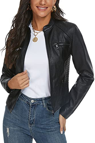 Fahsyee Veste de moto en similicuir noir pour femme, noir, X-Large