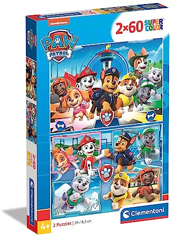 Clementoni 21617 Supercolor Paw Patrol – Puzzle 2 x 60 Teile ab 4 Jahren, buntes Kinderpuzzle mit besonderer Leuchtkraft & Farbintensität, Geschicklichkeitsspiel für Kinder