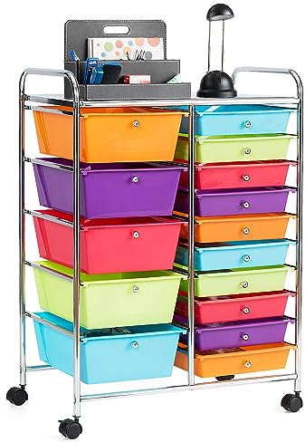 GIANTEX Rollwagen mit 15 Schubladen stapelbar, Schubladenwagen Badrollwagen Küchenwagen mit feststellbaren Rollen, Aufbewahrungswagen Haushaltswagen für Küche Bad Büro 63x37x87 cm (Bunt)