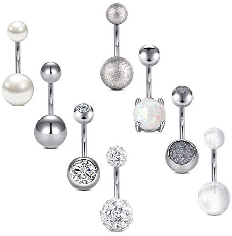 Crdifu 8er Bauchnabelpiercing Silber Set Chirurgenstahl 14G Piercing Bauchnabelpiercing 8/10/12/14mm Stablänge