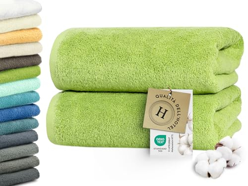 ZOLLNER 2er Set Badetücher in 100x150 cm - besonders weiche und saugstarke Saunatücher in grün - mit praktischem Aufhänger - waschbar bis 95°C - Baumwolle - Hotelqualität