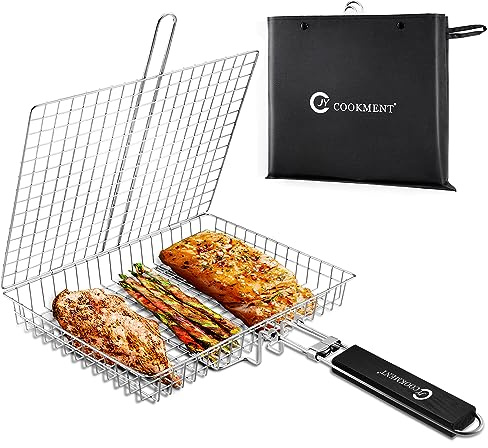 JY COOKMENT Grill Basket Stainless Steel with Portable Removable Handle, Grilling Basket-BBQ Accessories for Vegetable, Shrimp, Fish, Steak and Outdoor Use-Dishwasher Safe
