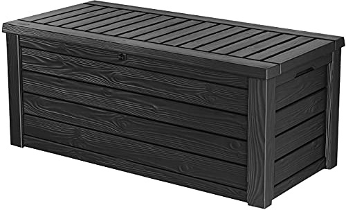 Ondis24 Keter Eastwood Aufbewahrungsbox für Terrassenmöbel aus Kunststoff Auflagenbox Gartenbox anthrazit 568 Liter Holz Optik mit Gasdruckfedern ca. 154.9 x 72.4 x 64.5 cm