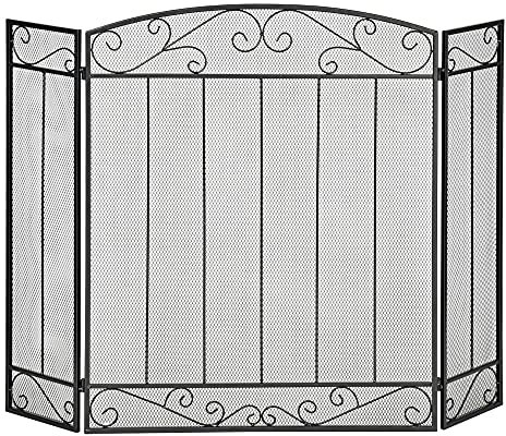 HOMCOM Grille de Protection pour cheminée - Pare-feu Large pour cheminée ou poêle - Pare-étincelles - barrière de sécurité - 3 Volets Pliables - Acier métal Noir