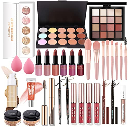 Professionelles Make-up Sets, MKNZOME 33St Schminkset mit Schminktasche Schminkkoffer Mädchen Gefüllt Frauen Makeup Paletten Kosmetik Lidschatten Lipgloss Geburtstags Weihnachten Geschenkset 33pcs