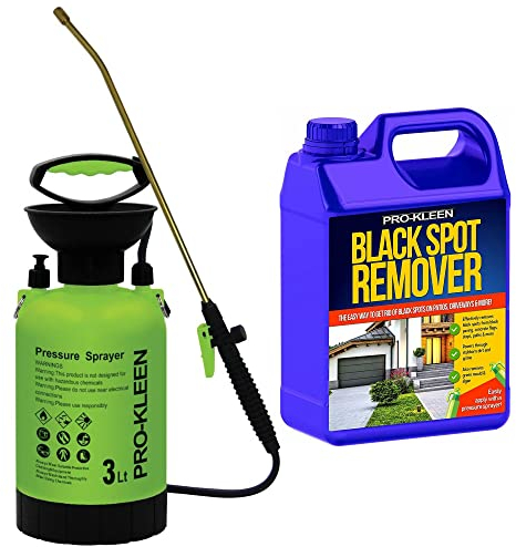 Pro-Kleen Patio Cleaner Garden Pressure Pump 3L Sprayer Manual Action - Brass Lance - 2 x Spare SealS & Black Spot Remover 5L - Weed Killer, Pesticides, Herbicides, Insecticides, Fungicides