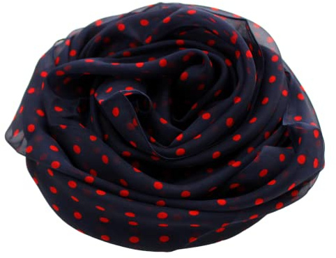 Prettystern foulard à pois mousseline de soie naturelle Impression classique vintage femme écharpe legere printemps et été bleu foncé/rouge