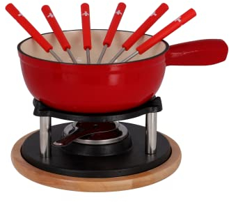 Rotel 1510150 Juego de fondue de queso, Caquelon de fondue de hierro fundido y 6 tenedores, rojo, hierro fundido, 31,5x17,5x23cm