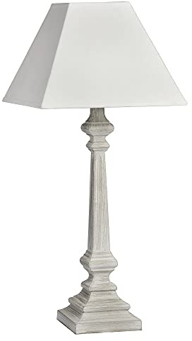 Grey Washed Wood Vintage Rustic Square Column Stem Table Lamp with Linen Fabric Tapered Shade | 64cm Height | 1 x SES E14 Lamp Required | UK Approved | in-Line On Off Switch | Wooden Hand Carved