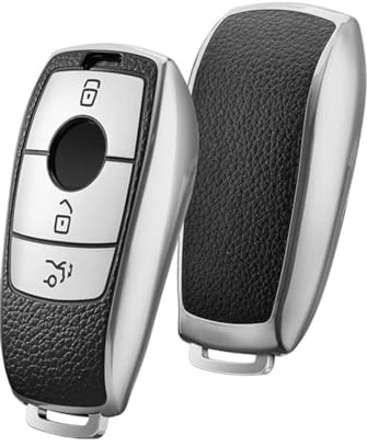 KEYSCOVER Autoschlüsselhülle für Mercedes-Benz Schlüssel - Cover Passend für E, S, A, CLA, GLA, GLE, GLC, GLK und AMG Modelle -Schlankes Design und Einfache Installation (Leder Grau)
