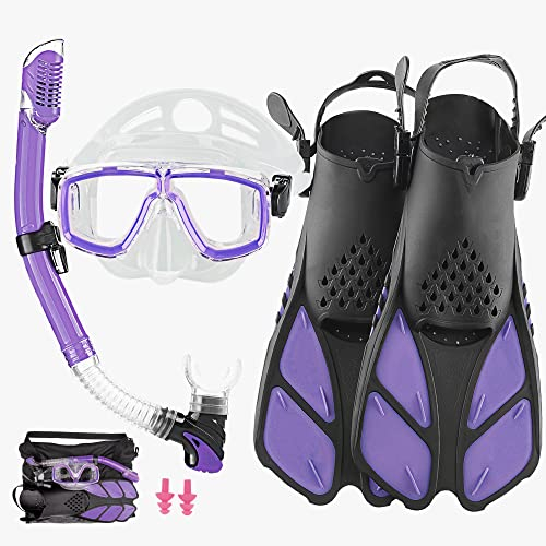 HH HHAO SPORT Schnorchelset Erwachsene mit Flossen,Schnorchelausrüstung in Reisegröße mit Kurzen Verstellbaren Schwimmflossen, Hochwertige Tauchermaske und Dry Top Schnorchel, mit Tragetasche
