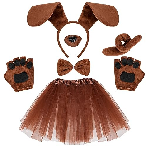 Hifot 6 stycken valpdräkt för flickor, pannband med hundöron, slips, svans, falsk nässvans, tutu-kjol, djurdräkt, halloween-cosplay-tillbehör
