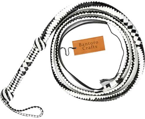 Bantoro Crafts Frustino in vera pelle da 2,4 m, con 12 trecce, frustino in pelle intrecciata, frusta nera e bianca per equitazione