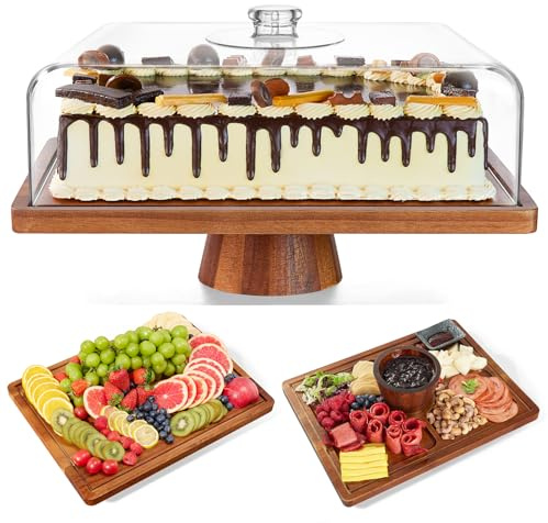 HouseJoy Acacia Wood Cake Stand with Lid-Extra Large 17 Rectangular Cake Holder,2-in-1 Dessert Table Display Set & Charcuterie Board,Acrylic Cake Dome Cover for Cheese/Veggie/Desert /Chips & Dip