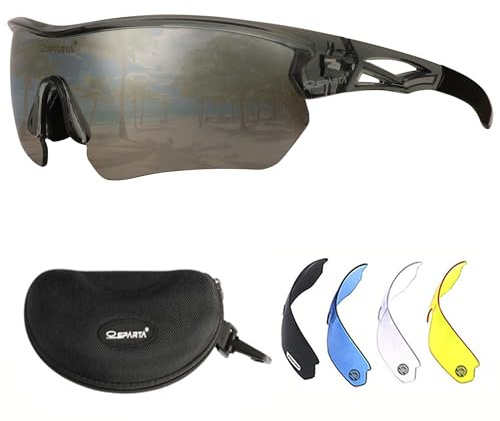 OUTDOORSPARTA Polariserade sportsolglasögon med 5 utbytbara linser för män och kvinnor TR90 obebrytbar ram (10. Grå Ram, Silver Lins)