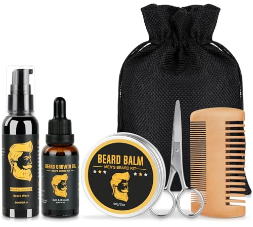 Beard Growth Kit, Beard Grooming Kit with Beard Growth Oil,Beard Shampoo, Balm, Comb, Scissors, Men's Beard Growth Care Set for Beard Grooming & Care