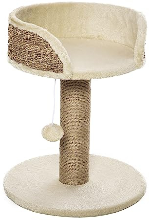 PawHut Kratzbaum 49 cm Kleiner Katzenturm mit Spielball, Sisalstämme, Plattform, Katzenkratzbaum, Kletterbaum, für kleine Katzen, Kaffee