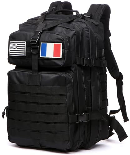GUJOIN Sac À Dos Tactique 50 Litres - Grande Capacité Système MOLLE Militaire Imperméable Idéal Pour Urgences De 3 Jours Chasse Randonnée Et Camping Sac À Dos Pour De Plein Air (Noir)
