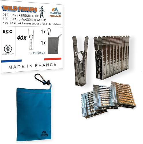 Wild Pinups: 40 Edelstahl Wäscheklammern Pincinox mit Wäscheklammerbeutel und Karabiner. Für Waschküche, Wäscheleine, Wäschespinne. Robuste und langlebige Wäscheklammern, Made in France