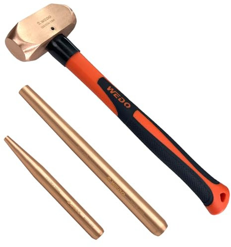 WEDO Marteau en cuivre de 0,9 kg avec poignée en fibre de verre et 2 poinçons en cuivre béryllium, forgé sous pression, résistant à la corrosion, norme DIN