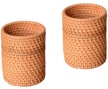 Lurrose 2stücke Runder Rattan Aufbewahrungskorb Multifunktionaler Schreibtisch Organizer Für Stifte Kosmetik Und Dekorativer Pen Holder Für Büro Und Zuhause