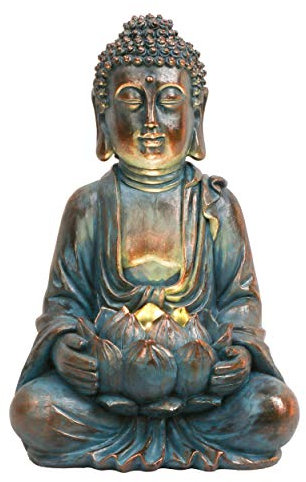 TERESA'S COLLECTIONS Garden Ornaments Outdoor, Bronze Meditating Buddha Statue with Solar Lights Lotus, Waterproof Resin Zen Ornaments, Indoor Outdoor 18CM