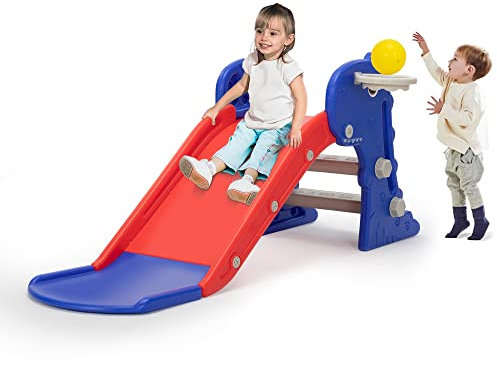 3 in 1 Toddler Slide, Baby Slide Plastic Climber Playset with Basketball Hoop and Ball, Indoor Slide and Outdoor Playground Slide for Kids,Gifts for Kids Girls Boys Teen Ages 1-3