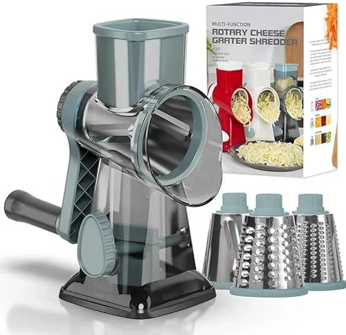MSIHEY Cheese Grater with Crank, Drum Grater with 3 Stainless Steel Interchangeable Drum Blades, for Cucumbers, Cheese Nuts, Carrots, Vegetables, Fruits, etc. (Green)
