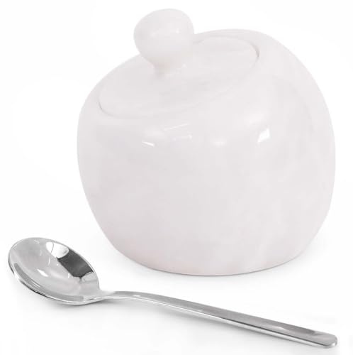 Radicaln Salero de mármol con tapa, cuenco de sal de 3 pulgadas y tarro de | Contenedor de azúcar hecho a mano, color blanco, para almacenamiento de condimentos, cuchara de acero inoxidable