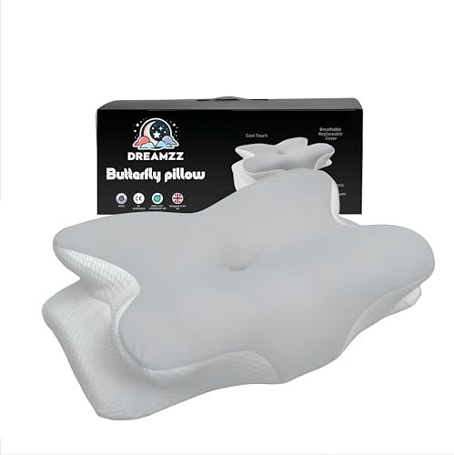 Dreamzz Memory Foam Pillow for Neck Support & Pain Relief – Ergonomic Butterfly Pillow for Side Sleepers, Orthopedic Cervical Neck & Shoulder Support – Ice Silver & White