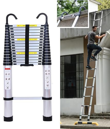 Scala Telescopica 6,2 m in Alluminio con Ganci Staccabili, Scala Pieghevole Portatile e Antiscivolo per Interni Esterni Cantieri Manutenzione Giardinaggio Pulizie Tetti, carico massimo 150 kg