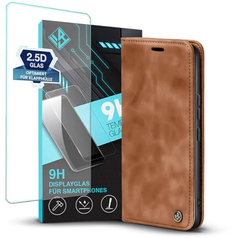LBH Handyhülle für Xiaomi 13T / 13T Pro in Hellbraun mit Displayglas Karten- und Geldfach Smartphone Hülle mit Standfunktion Flip Case Schutzhülle Magnetverschluss Vintage