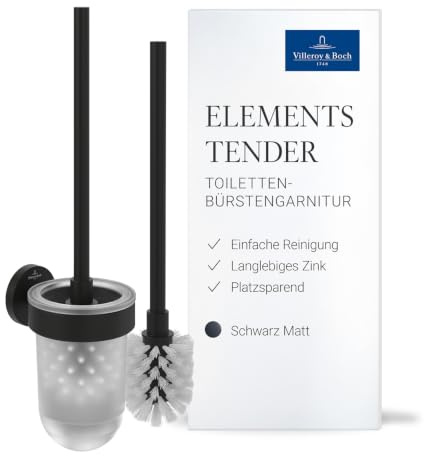 Villeroy & Boch Elements Tender, juego de escobilla de baño, soporte para montaje en pared con recipiente de vidrio satinado, redondo – Negro Mate
