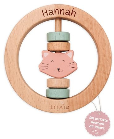 wunderwunsch Trixie Holzrassel personalisiert, Holz Rassel als Geschenk für Baby, Kleinkind, Geburt, Taufe graviert mit deinem Namen aus bestem Holz, auf Wunsch individualisert (Katze, mit Name)