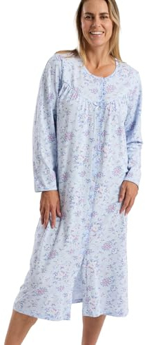 Marlon Women's Ellie Classic Button Through Nightgown - Soft & Comfy Jersey Front Opening Nightdress With Long Sleeves - Cosy & Breathable Sleepwear, Bouquet Blue, 12-14