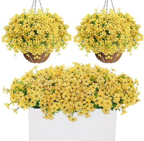 saerryor 56 Yellow Bundles Artificial Fake Plants Flowers for Outdoor Decoration,Realistic Plastic Silk Spring Summer Flowers,Daisy and Petunia Hanging Planters for Garden Porch Window Box Yard