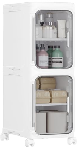 HOMIDEC Bathroom Storage, 2 Tier Narrow Bathroom Cabinet with Wheels and Removable Shelf, Slim Bathroom Storage Unit Free Standing for Toilet Roll, Towel, Shower, Clear Smoke