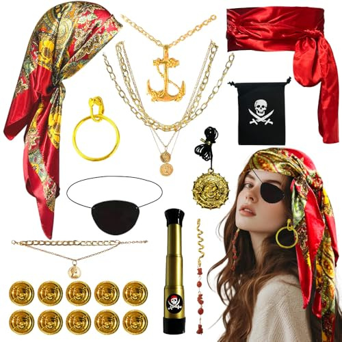 HuaMuDM 21 Stück Piratenkostüm Zubehör Damen,Mittelalter Piratenkostüm Zubehör Set,Piraten Outfit Frauen,Piraten Kostüm Frauen mit Kopftuch,Augenklappen,Halskette,für Karneval Halloween Cosplay