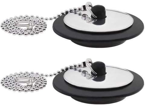 Universal Bath Plug with Chain – Sink Plug Replacement for Bathroom & Kitchen – 2 Pack Rubber Drain Stopper with Stainless Steel Chain – Fits 40mm Drain Holes
