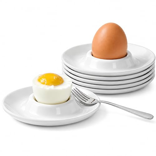 WENRENMK 6 Pièces Coquetier Oeuf, Coquetiers Ronds en Plastique Blanc | 9,8 cm de Diamètre, Réutilisable, Empilables et Incassables, Compatible Lave Vaisselle, Idéal pour un Brunch, le Camping