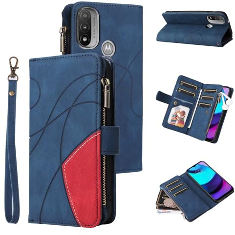 Funda para Motorola Moto E20/E30/E40, Estilo Retro, con Cremallera, Piel sintética, Suave, Cierre magnético, 9 Tarjetero, función Atril, Cartera con Correa, Azul