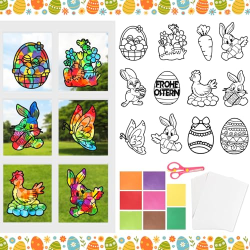 VDSOW Ostern Basteln, Fensterbilder Frühling Bastelset Oster Frühlingsdeko Fenster, Eier Hasen Fensterbilder Ostern Fensterdeko Osterdeko zum Basteln Ostergeschenke für Fenster Dekoration