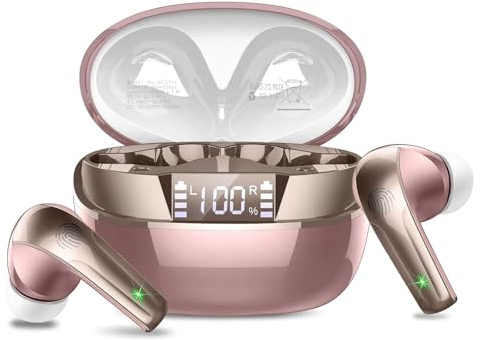 Bluetooth Kopfhörer, Kopfhörer Kabellos Bluetooth 5.4 HiFi Stereo mit ENC Mikrofon, 47Std Spielzeit Ohrhörer mit IP7 Wasserdicht, Mini In Ear Kopfhörer mit LED Anzeige für iOS/Android, Roségold