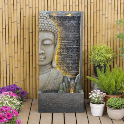 Sunlinua 117cmH Zen-Buddha Gartenbrunnen mit LED, Wasserfall mit Doppel-Bubblern und Bachlauf, Harz-Statue für Terrasse, Garten, Veranda, Meditations-Dekor, Grau